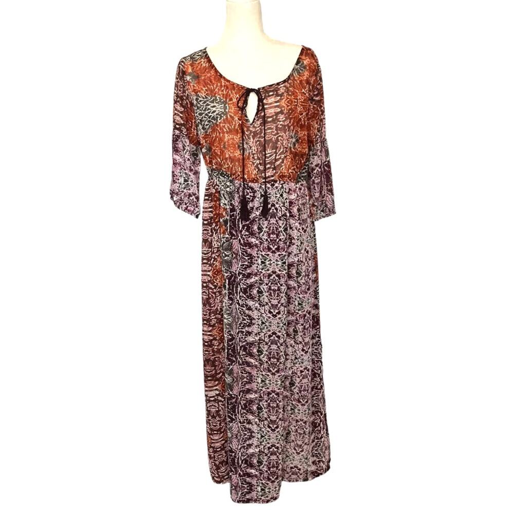 Earthbound Trading Boho Festival Maxi Dress Sz L Tassel Hippie Sheer Empire - Picture 2 of 15